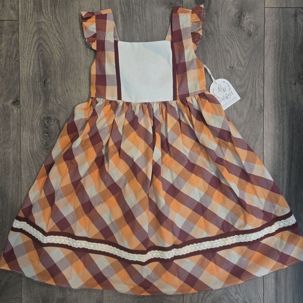 Darling Mae Ricrac Ruffles Girls Plaid Fall Dress NWT Size 6 Thanksgiving Bow